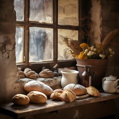 AI generated illustration of freshly-baked bread arranged on a rustic wooden table near a window