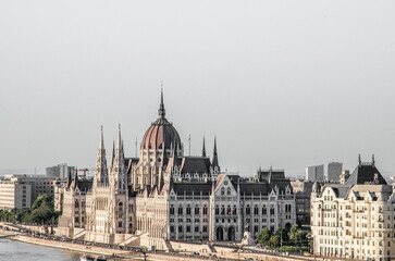 Fototapeta na wymiar Sunset Panorama of Budapest Parliament from Chain Bridge.