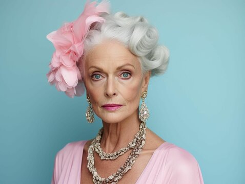 AI generated illustration of an elderly woman with white hair wearing a pink dress and earrings