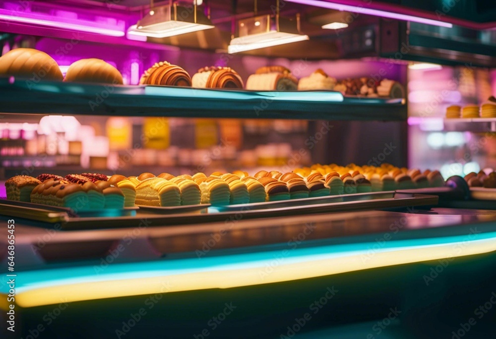 Poster several cakes on a table with a neon display behind them