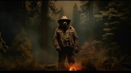 AI generated illustration of an imposing bear police officer standing in a dark burning forest