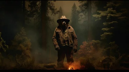 Foto op Aluminium AI generated illustration of an imposing bear police officer standing in a dark burning forest © Gildad Media/Wirestock Creators