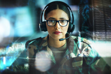 Portrait, military communication and double exposure with a woman user online for location or...