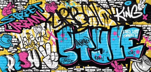 Fotobehang Graffiti background with throw-up, scribble and tagging in vibrant colors. Abstract graffiti in vector illustrations. © Themeaseven