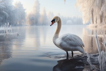 Graceful alone white swan on snow lake with ice in winter day