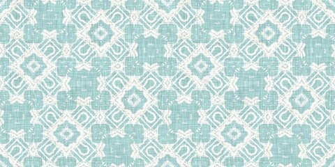 Aqua teal blue white vibrant watercolor batik azulejos tile border banner background. Seamless coastal blur linen effect geometric mosaic effect.Boho Patchwork nautical masculine summer ribbon trim. 