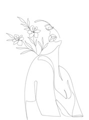 Feminine woman with flowers with minimal line art concept. Black and white. Line art of beautiful woman's face and flowers. Continuous line art in minimalistic style for prints, tattoos, posters