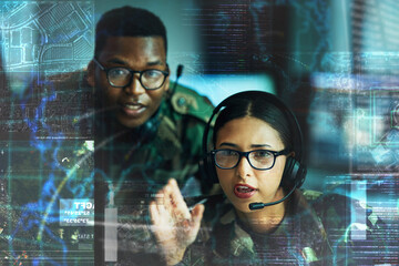 Military, communication and double exposure with a user team online for location or tactical...