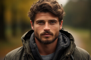 Obraz premium Portrait of handsome caucasian european guy in casual clothes in an autumn park looking at camera, headshot