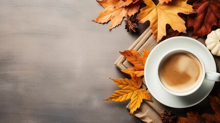 AI generated illustration of a cup of coffee on autumn leaves on a plain background