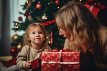Obraz na płótnie Canvas Toddler girl and mother, at Christmas in living room with Christmas presents and tree, empty copy space Generative AI
