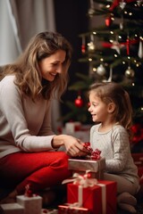 Toddler girl and mother, at Christmas in living room with Christmas presents and tree, empty copy space Generative AI