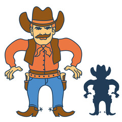 Cowboy holding guns colors vector isolated on white. Wild west gunslinger in cowboy boots and hat illustration with guns hand drawn style design.