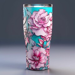 colorful flowers printed on the side of a cup with pink and purple flowers