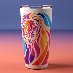 Obraz premium AI generated illustration of White ceramic cup with a lid featuring an illustration of a lion