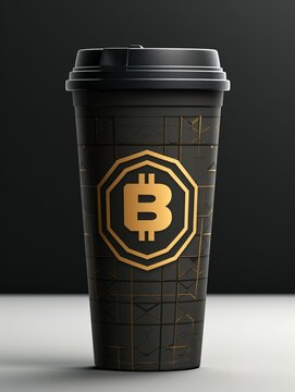 AI generated illustration of an image of a coffee cup with a printed Bitcoin logo