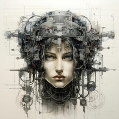 a painting of a woman's face with mechanical equipment in the background