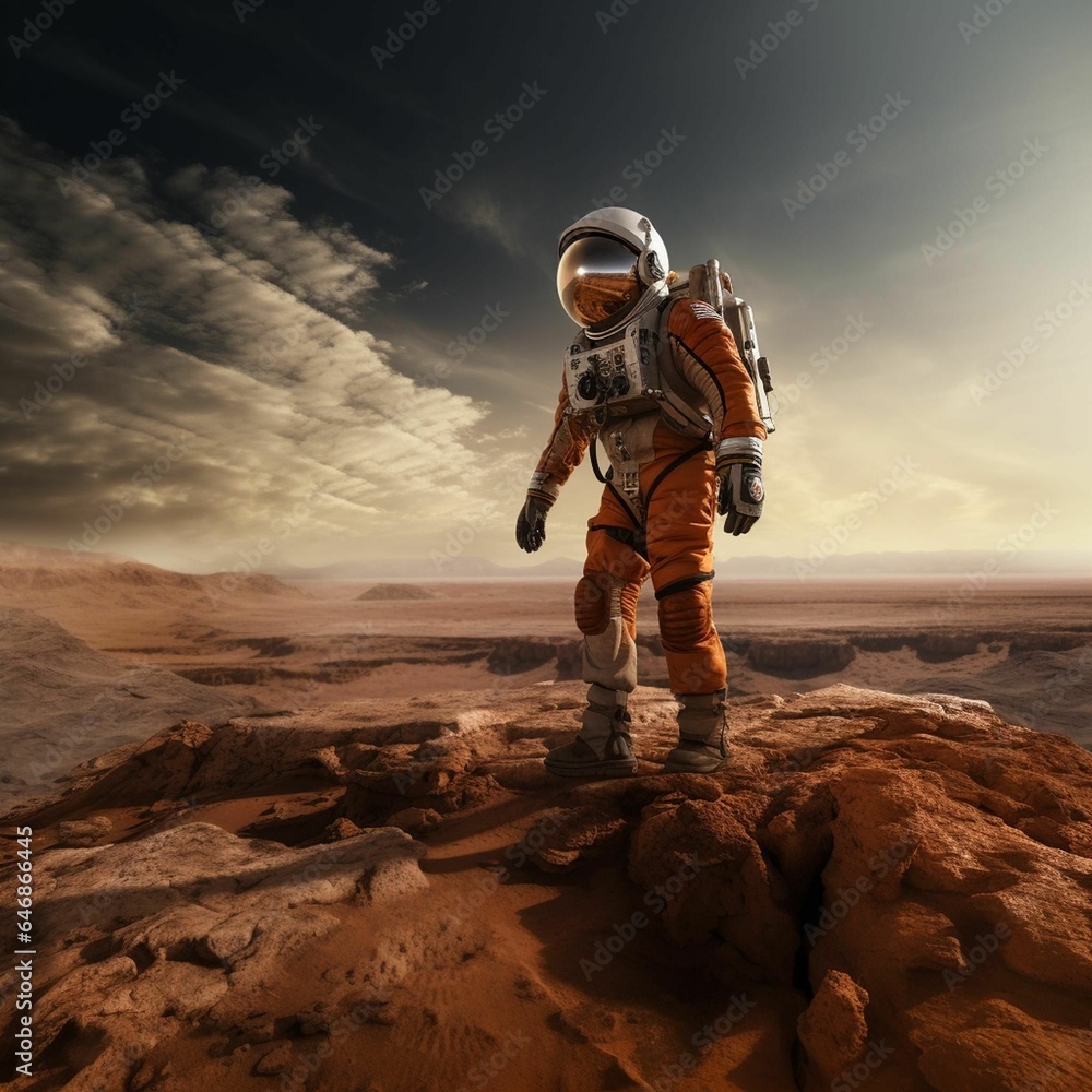 Poster ai generated illustration of a space explorer in a spacesuit on a rocky terrain in a desert