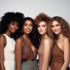 Obraz premium Group of four diverse young female models, all wearing neutral-toned outfits, AI-generated.