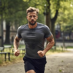 Caucasian man jogging along a park, AI-generated.