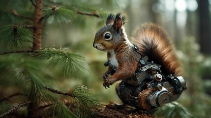 Naklejka premium AI generated illustration of a squirrel with robotic legs in a forest