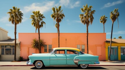 AI generated illustration of a vintage blue car parked along colorful houses and palm trees