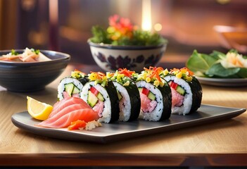 AI generated illustration of fresh sushi rolls served on a plate