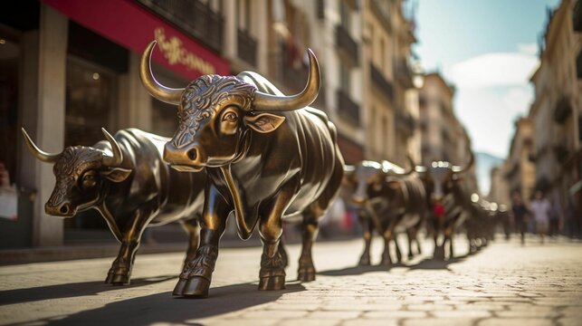 AI generated illustration of ornate statues of bulls in the street