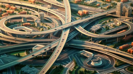 aerial view, expressway, motorway, circus intersection, highway at night, top view, city road traffic