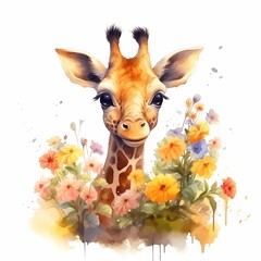 AI generated illustration of a giraffe with lush colorful flowers on a white background