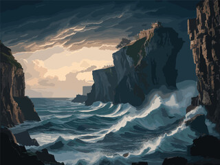 Design a detailed vector illustration showcasing the untamed coastal landscape, where crashing waves clash against towering cliffs under a tempestuous sky, invoking a sense of adventure and the raw