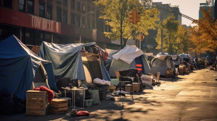 Selbstklebende Fototapeten Homeless tent camp on a city street © MP Studio