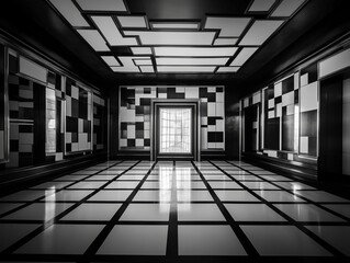 Empty interior room featuring a checkered floor pattern of black and white tiles, AI-generated.