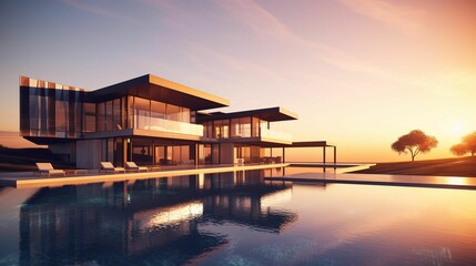 AI generated illustration of a luxurious two-story home at sunset with an outdoor pool