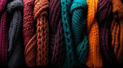 AI generated illustration of a variety of colorful knit scarves