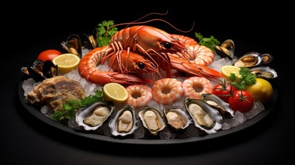 Seafood charcuterie platter board with shrimp, oysters, fish and octopus on black background.