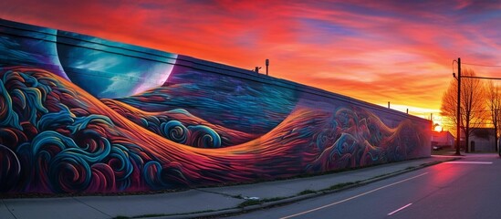 AI generated illustration of an outdoor mural located in an empty lot illuminated by the setting sun