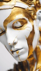AI generated illustration of a closeup of a majestic marble statue of a woman with golden details