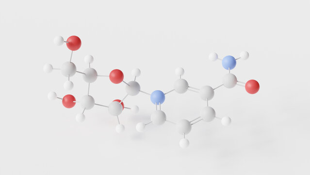 nicotinamide riboside molecule 3d, molecular structure, ball and stick model, structural chemical formula vitamin b3
