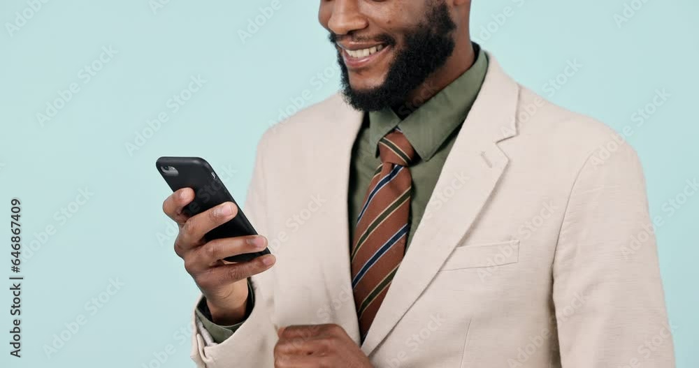 Poster happy businessman, hands and phone in social media, communication or networking against a studio bac
