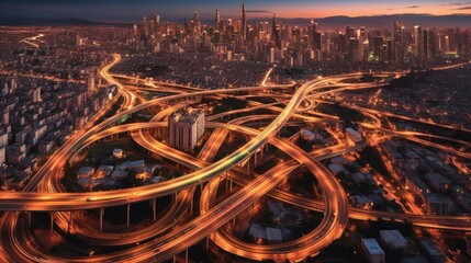 aerial view, expressway, motorway, circus intersection, highway at night, top view, city road...