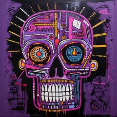 AI generated illustration of a painting of a human skull on a vibrant purple background