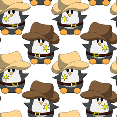 Seamless pattern with Cute Penguin Cowboy Sheriff