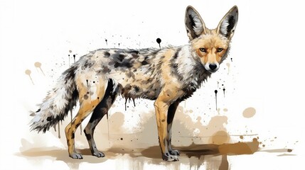 Watercolor painting of a hyena with colorful swirls on a white background, AI-generated.