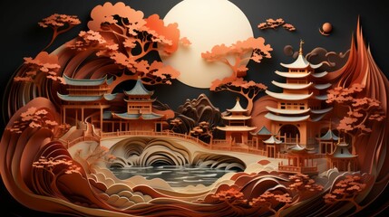 AI generated illustration of an aesthetically pleasing paper art exhibit with Asian temples