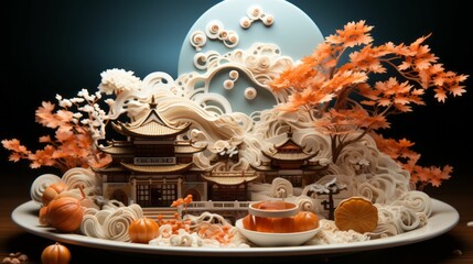 AI generated illustration of an aesthetically pleasing paper art exhibit with Asian temples