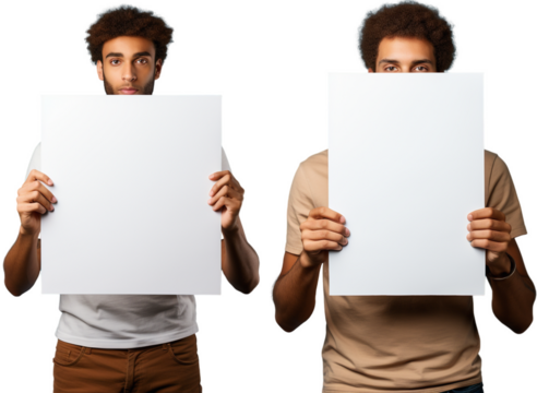 handsome young men with african roots holding a blank paper with space for text, generative ai