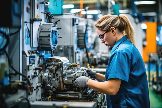 Fototapeta Skilled individuals operating various machines in a manufacturing or industrial