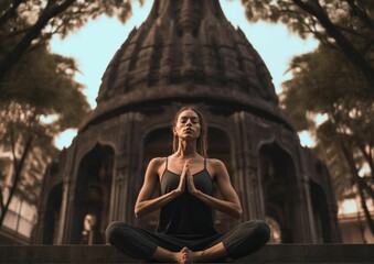 Young woman sitting in a meditative pose hands clasped in prayer in front of a temple. Ai generated
