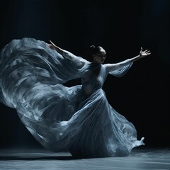 Female dancer wearing a blue dress energetically performing on stage, AI-generated.